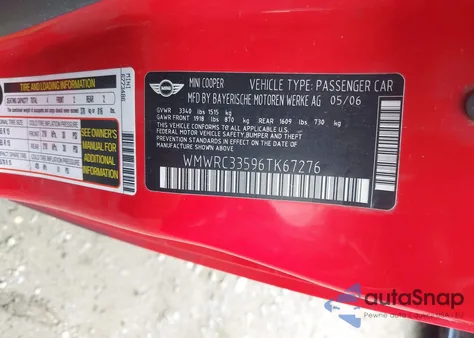 2006 Mini Cooper из США, поврежденный, VIN WMWRC33596TK67276